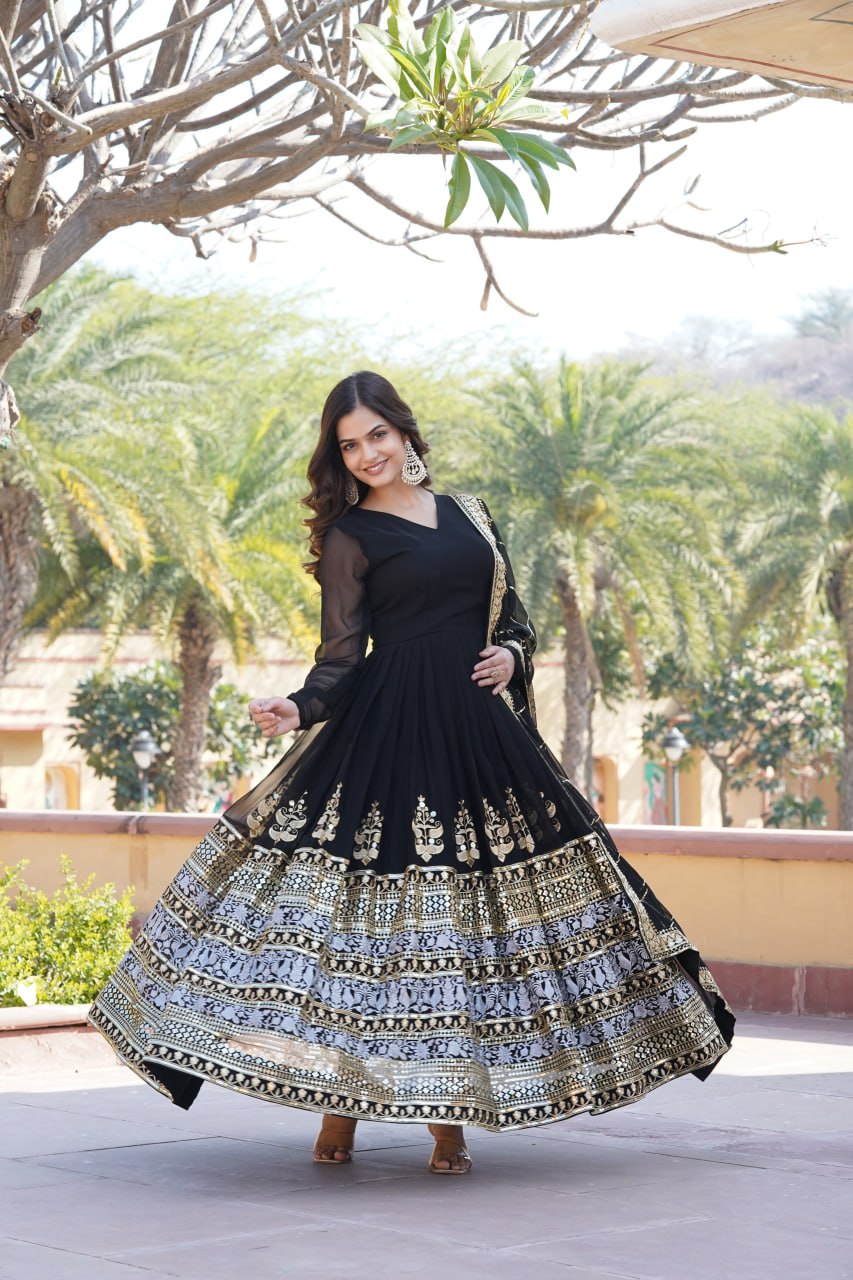 Elegant Black V-Neck Faux Blooming Gown with Sequined Embroidery and Dupatta ClothsVilla