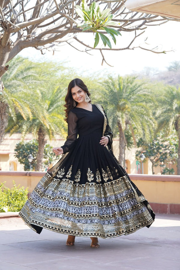 Elegant Black V-Neck Faux Blooming Gown with Sequined Embroidery and Dupatta ClothsVilla