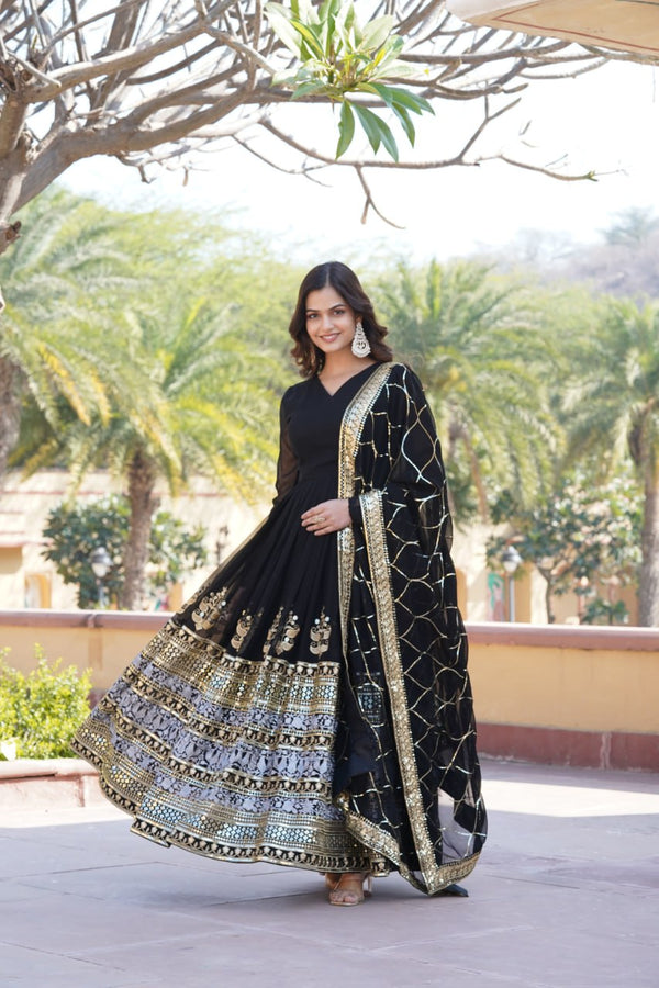 Elegant Black V-Neck Faux Blooming Gown with Sequined Embroidery and Dupatta ClothsVilla