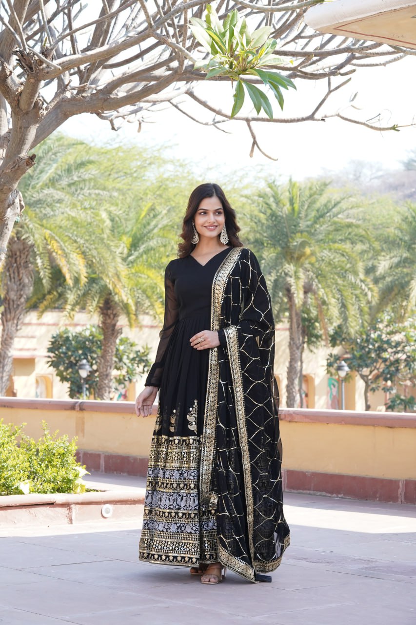 Elegant Black V-Neck Faux Blooming Gown with Sequined Embroidery and Dupatta ClothsVilla