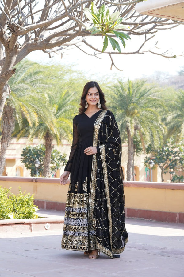 Elegant Black V-Neck Faux Blooming Gown with Sequined Embroidery and Dupatta ClothsVilla