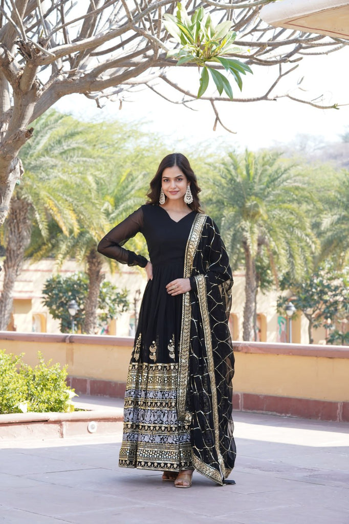 Elegant Black V-Neck Faux Blooming Gown with Sequined Embroidery and Dupatta ClothsVilla