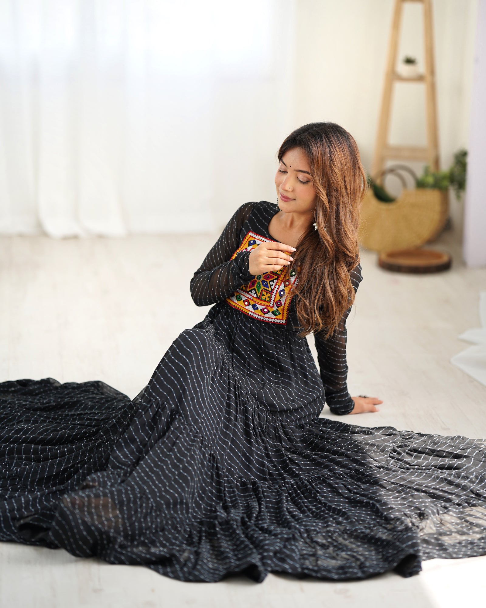Black Vibrant Laheriya Anarkali Gown – Perfect for Navratri, Ready to Wear