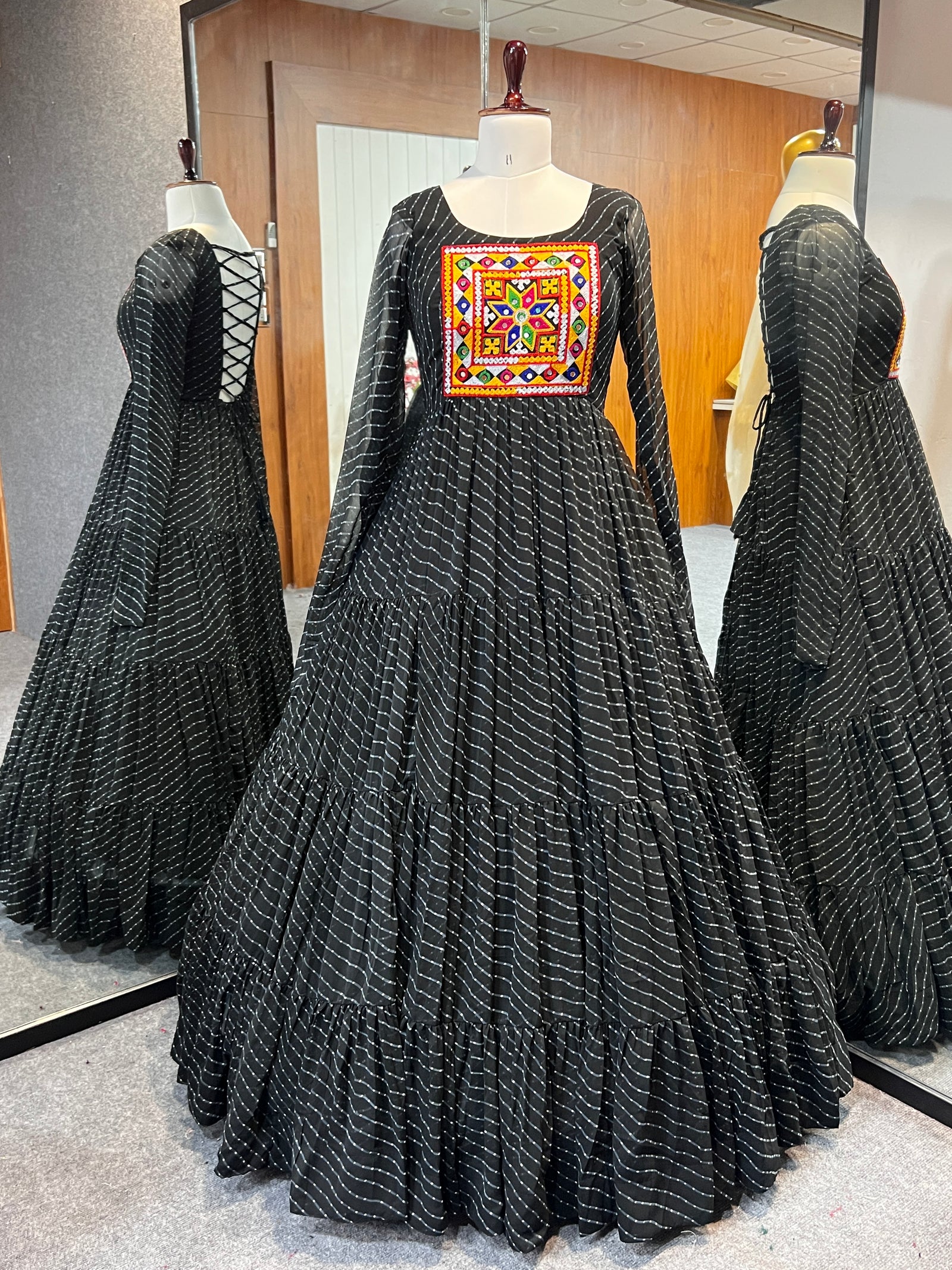 Black Vibrant Laheriya Anarkali Gown – Perfect for Navratri, Ready to Wear