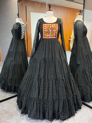 Black Vibrant Laheriya Anarkali Gown – Perfect for Navratri, Ready to Wear