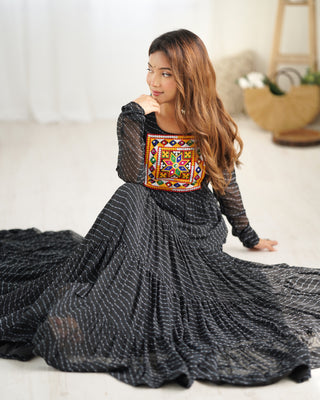 Black Vibrant Laheriya Anarkali Gown – Perfect for Navratri, Ready to Wear