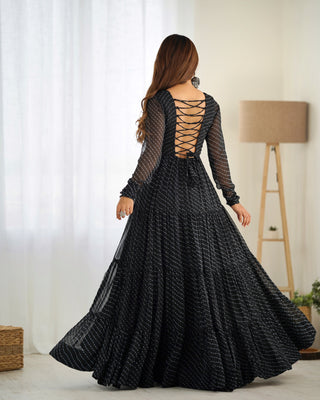 Black Vibrant Laheriya Anarkali Gown – Perfect for Navratri, Ready to Wear