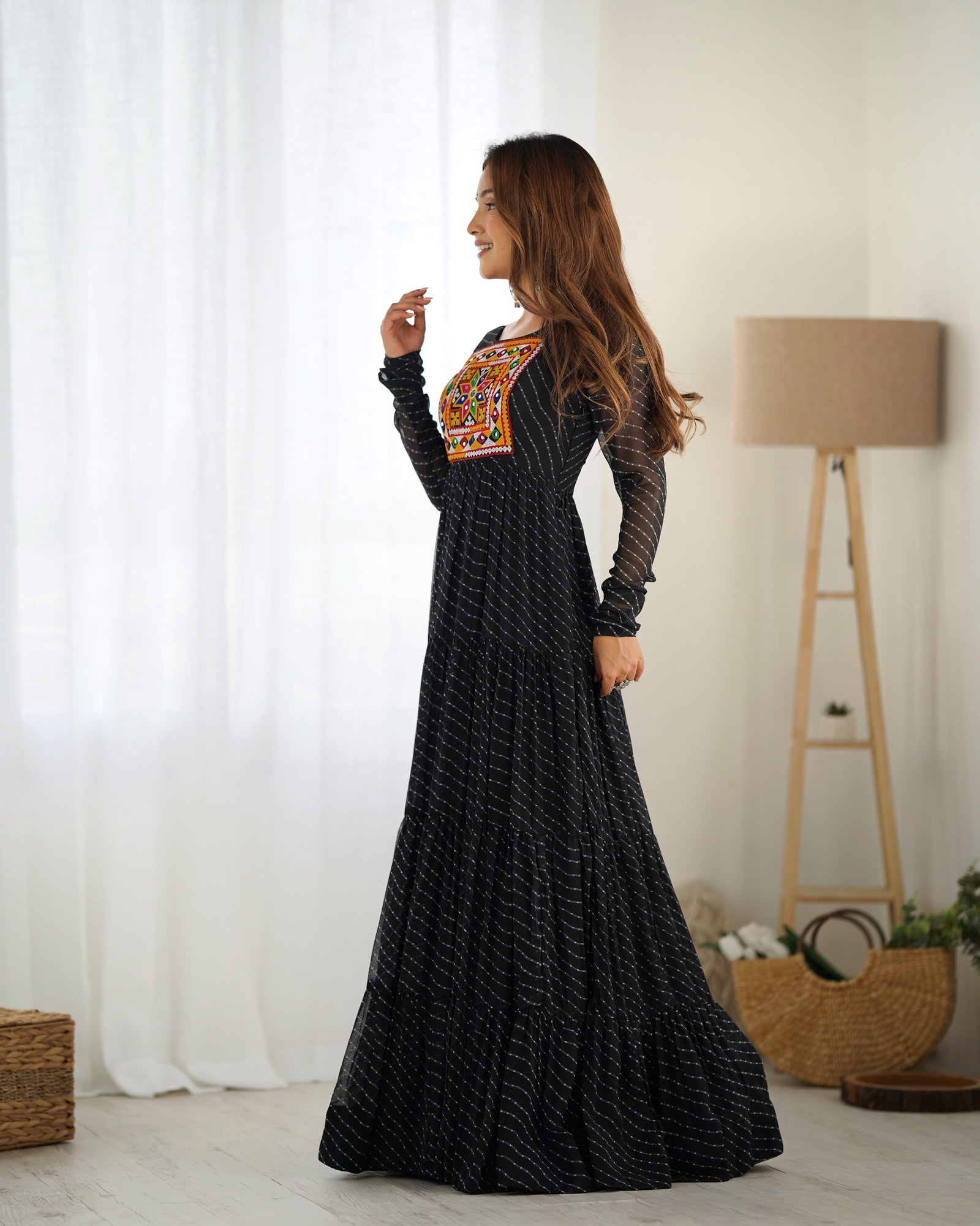 Black Vibrant Laheriya Anarkali Gown – Perfect for Navratri, Ready to Wear