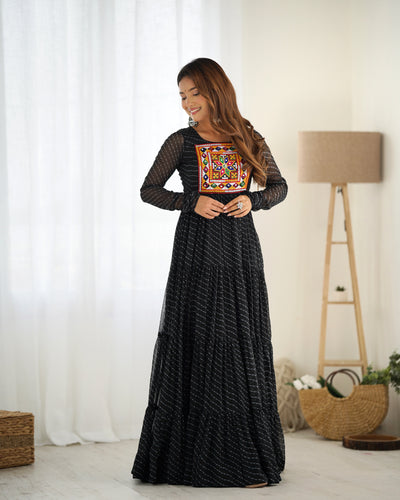 Black Vibrant Laheriya Anarkali Gown – Perfect for Navratri, Ready to Wear