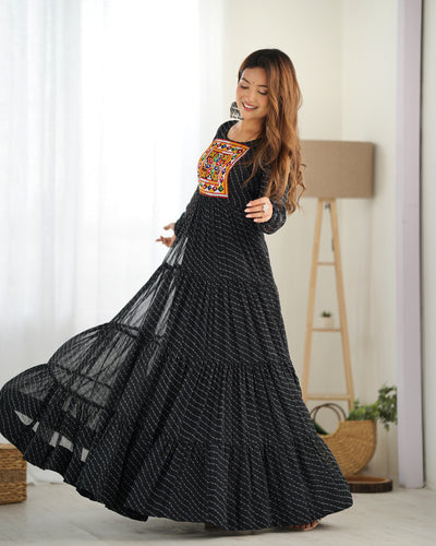 Black Vibrant Laheriya Anarkali Gown – Perfect for Navratri, Ready to Wear