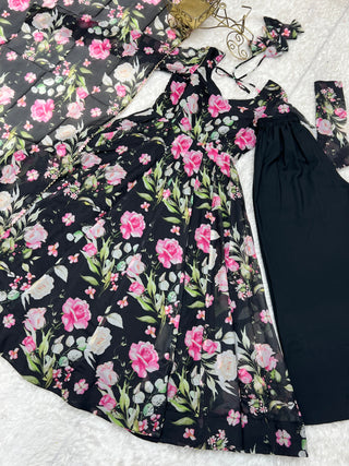 Black Vibrant Pure Organza Silk Anarkali Set with Dupatta & Pant ClothsVilla