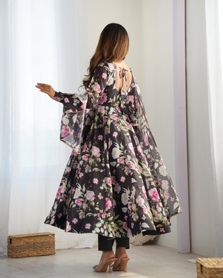 Black Vibrant Pure Organza Silk Anarkali Set with Dupatta & Pant ClothsVilla