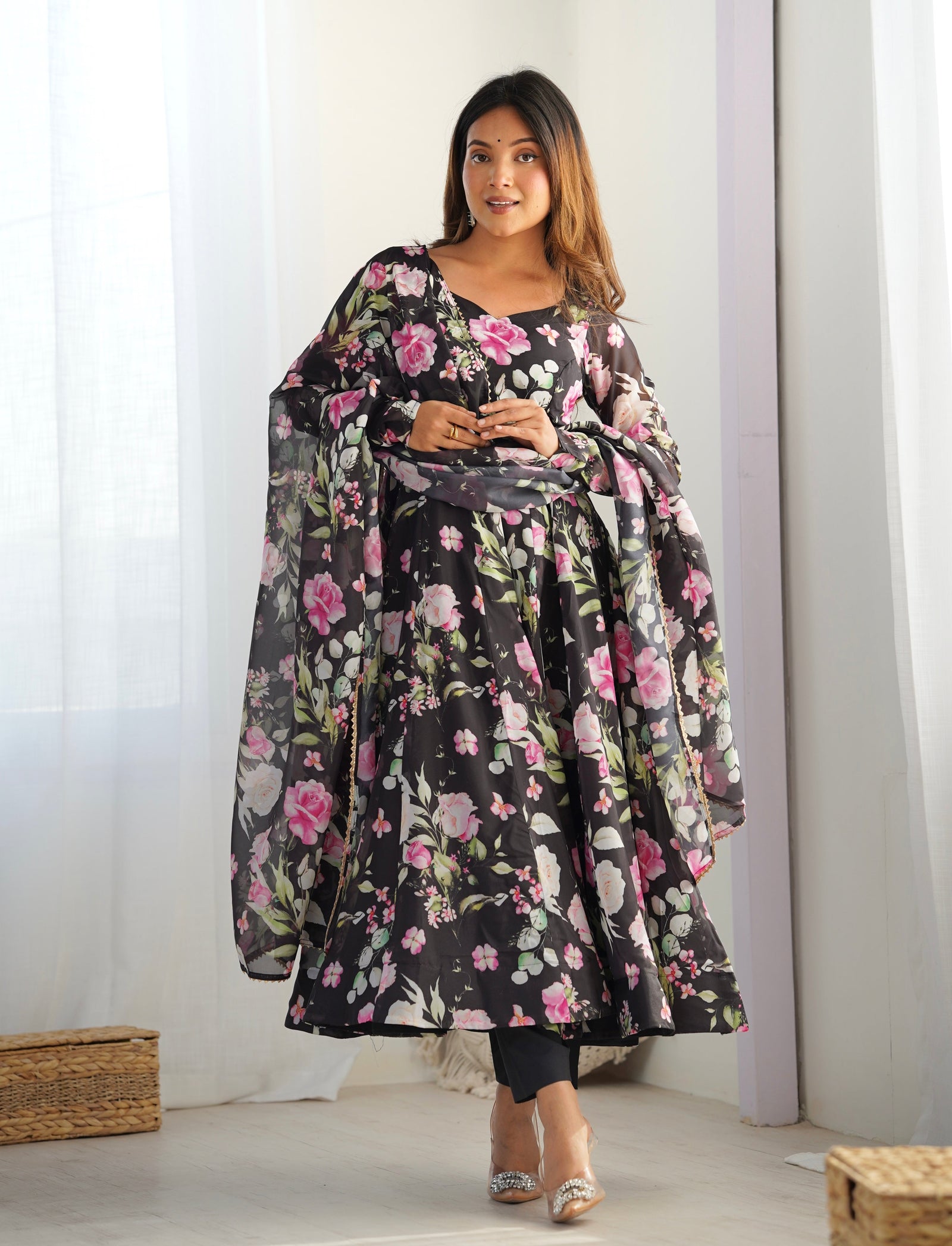 Black Vibrant Pure Organza Silk Anarkali Set with Dupatta & Pant ClothsVilla