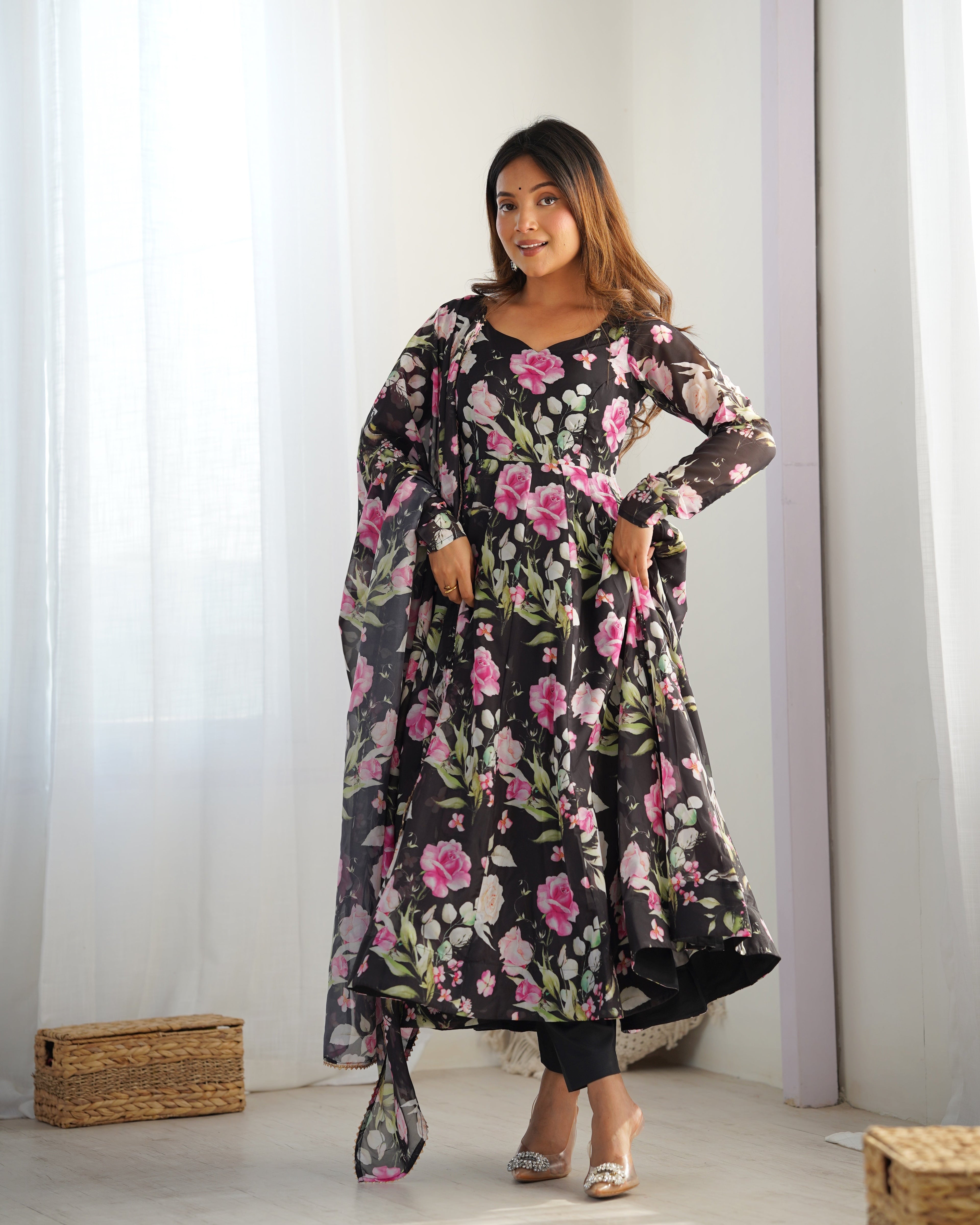 Black Vibrant Pure Organza Silk Anarkali Set with Dupatta & Pant ClothsVilla