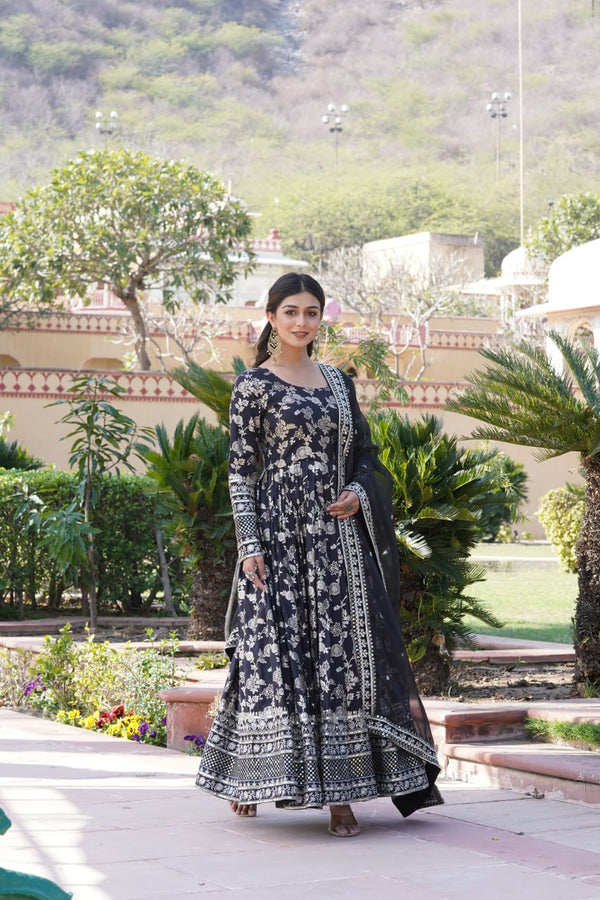 Luxe Black Viscose Jacquard Gown with Sequin Embroidery & Russian Silk Dupatta ClothsVilla