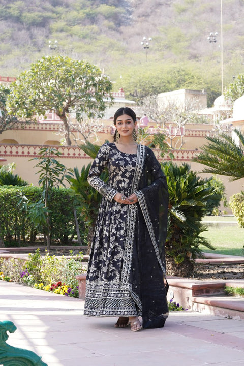 Luxe Black Viscose Jacquard Gown with Sequin Embroidery & Russian Silk Dupatta ClothsVilla Main image
