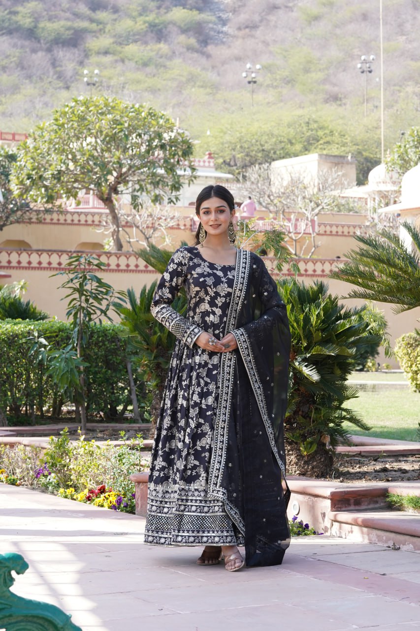 Luxe Black Viscose Jacquard Gown with Sequin Embroidery & Russian Silk Dupatta ClothsVilla Main image