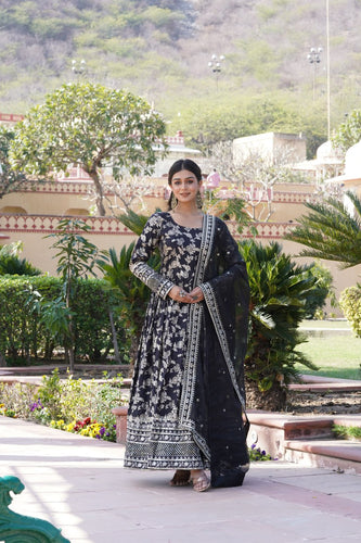Luxe Black Viscose Jacquard Gown with Sequin Embroidery & Russian Silk Dupatta ClothsVilla