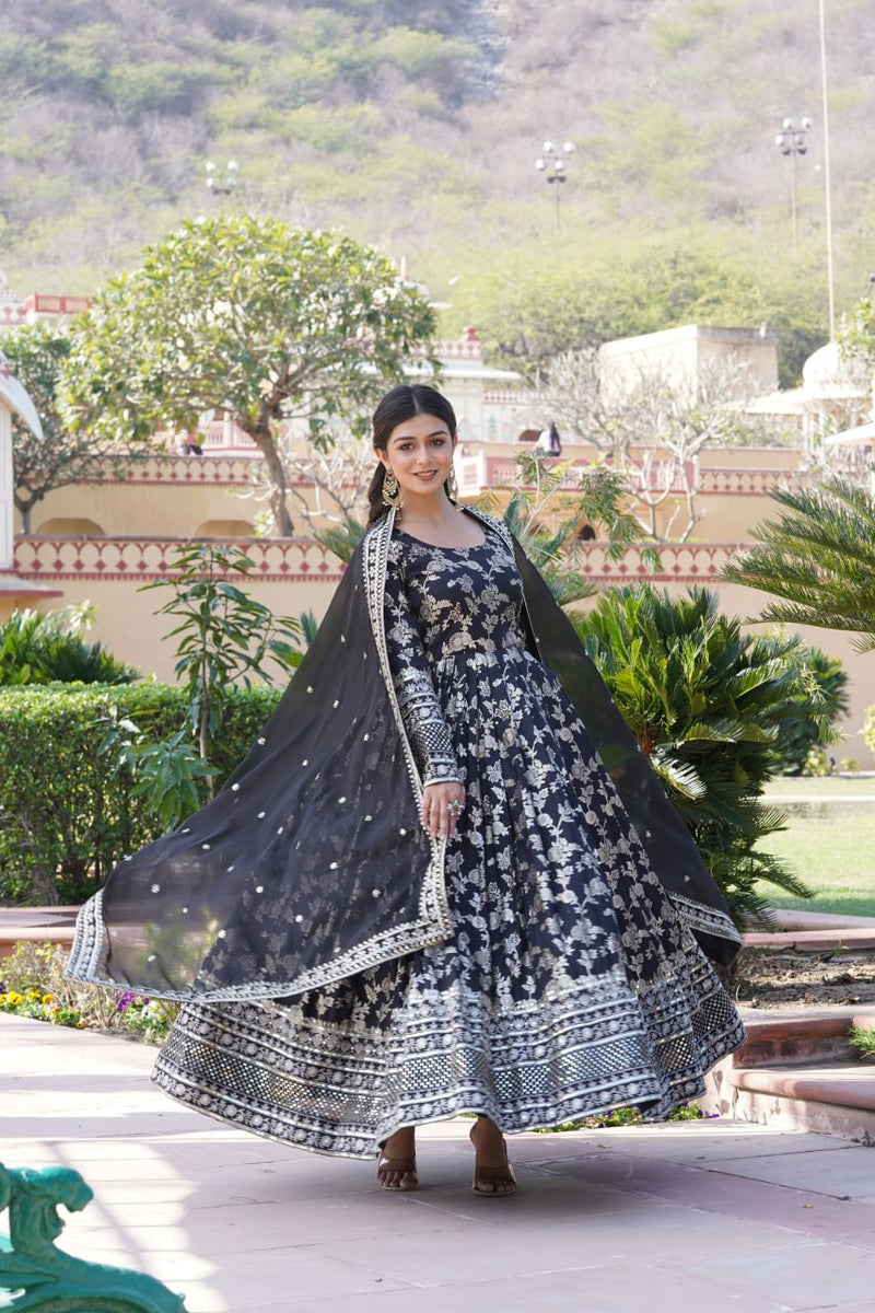 Wine Pure Viscose Jacquard Silk Embroidered Gown with Front & Back Detailing and Matching Dupatta main image 1