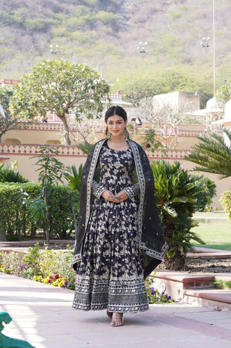 Luxe Black Viscose Jacquard Gown with Sequin Embroidery & Russian Silk Dupatta ClothsVilla