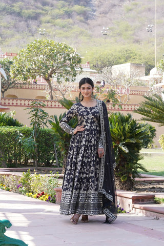 Luxe Black Viscose Jacquard Gown with Sequin Embroidery & Russian Silk Dupatta ClothsVilla