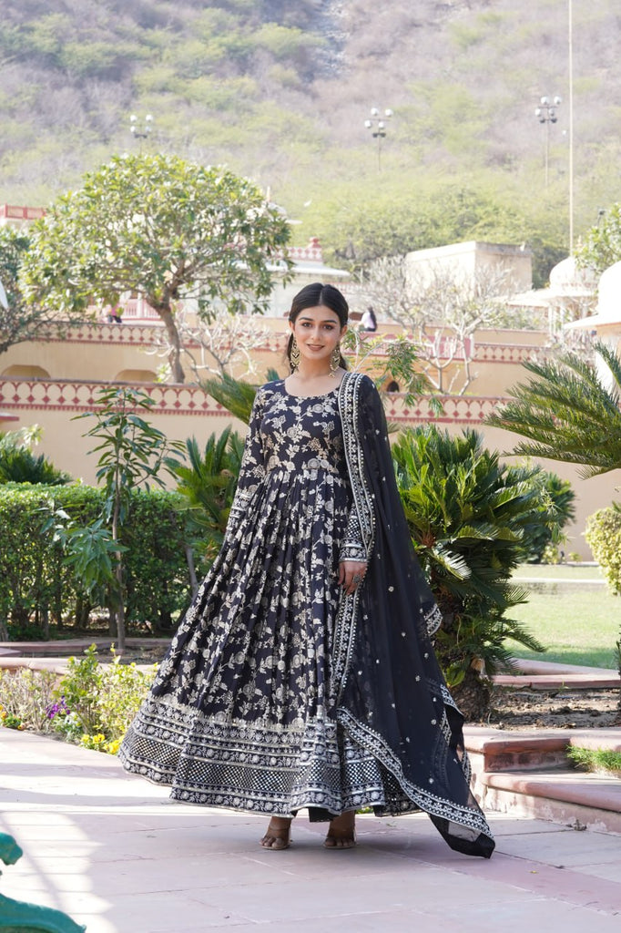 Luxe Black Viscose Jacquard Gown with Sequin Embroidery & Russian Silk Dupatta ClothsVilla