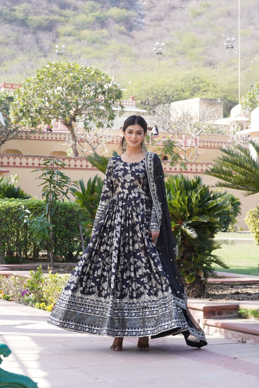 Luxe Black Viscose Jacquard Gown with Sequin Embroidery & Russian Silk Dupatta ClothsVilla
