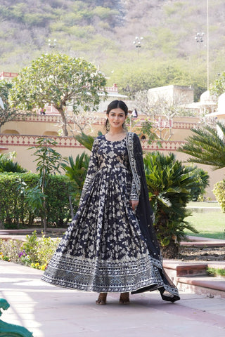 Luxe Black Viscose Jacquard Gown with Sequin Embroidery & Russian Silk Dupatta ClothsVilla