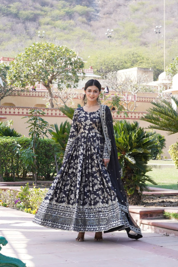Luxe Black Viscose Jacquard Gown with Sequin Embroidery & Russian Silk Dupatta ClothsVilla