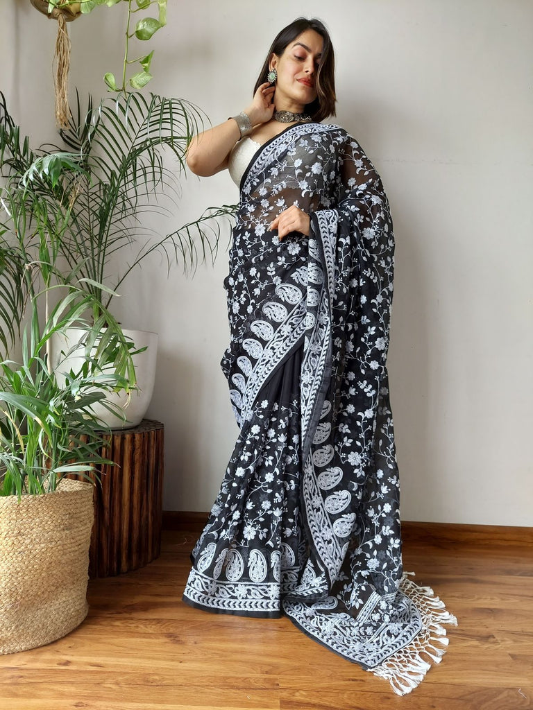 Black Viscose Organza Saree with Exquisite Chickenkari Embroidery – Paired with Elegant White Silk Blouse and Latkan ClothsVilla