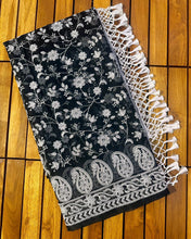 Load image into Gallery viewer, Black Viscose Organza Saree with Exquisite Chickenkari Embroidery – Paired with Elegant White Silk Blouse and Latkan ClothsVilla