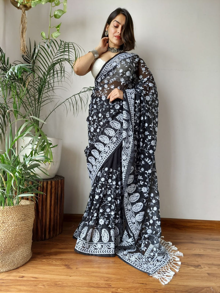 Black Viscose Organza Saree with Exquisite Chickenkari Embroidery – Paired with Elegant White Silk Blouse and Latkan ClothsVilla