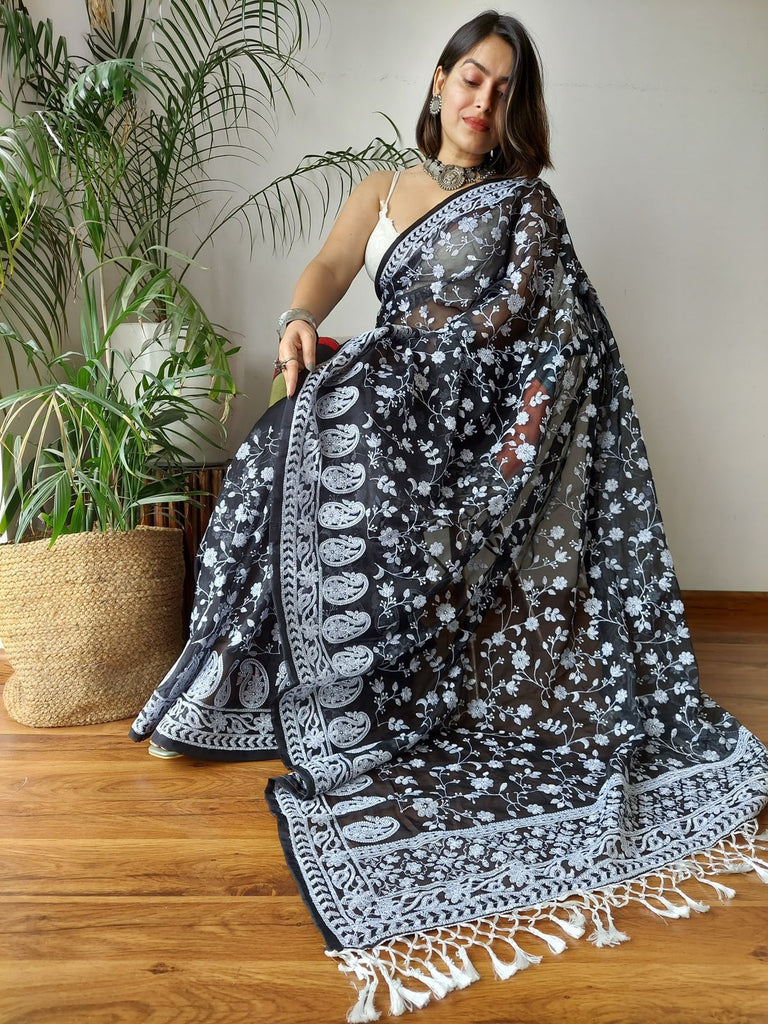 Black Viscose Organza Saree with Exquisite Chickenkari Embroidery – Paired with Elegant White Silk Blouse and Latkan ClothsVilla