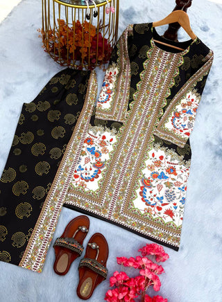 Black & White Digital Printed Pure Natural Crepe Kurti with Palazzo Set – Fully Stitched ClothsVilla