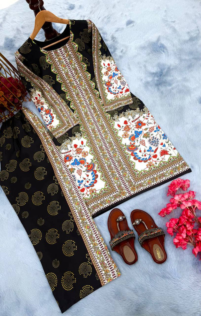 Black & White Digital Printed Pure Natural Crepe Kurti with Palazzo Set – Fully Stitched ClothsVilla