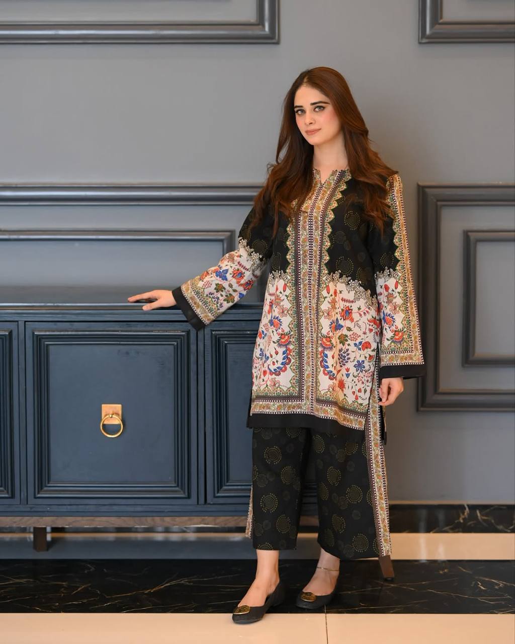 Black & White Digital Printed Pure Natural Crepe Kurti with Palazzo Set – Fully Stitched ClothsVilla