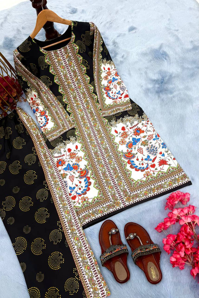 Black & White Digital Printed Pure Natural Crepe Kurti with Palazzo Set – Fully Stitched ClothsVilla