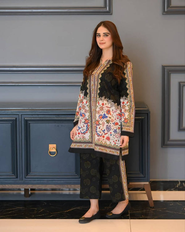 Black & White Digital Printed Pure Natural Crepe Kurti with Palazzo Set – Fully Stitched ClothsVilla