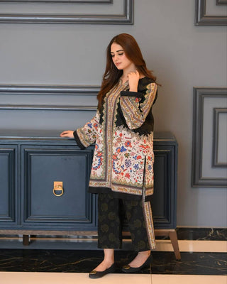 Black & White Digital Printed Pure Natural Crepe Kurti with Palazzo Set – Fully Stitched ClothsVilla