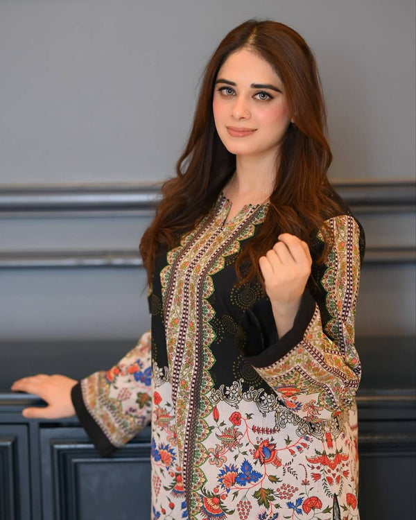 Black & White Digital Printed Pure Natural Crepe Kurti with Palazzo Set – Fully Stitched ClothsVilla