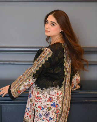 Black & White Digital Printed Pure Natural Crepe Kurti with Palazzo Set – Fully Stitched ClothsVilla