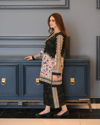 Black & White Digital Printed Pure Natural Crepe Kurti with Palazzo Set – Fully Stitched ClothsVilla