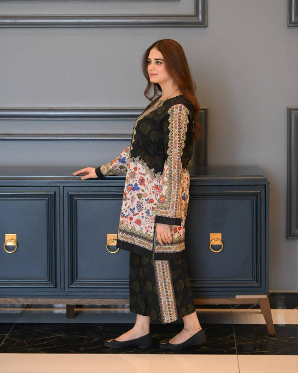 Black & White Digital Printed Pure Natural Crepe Kurti with Palazzo Set – Fully Stitched ClothsVilla