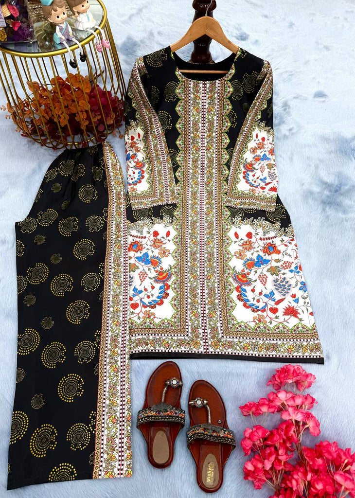 Black & White Digital Printed Pure Natural Crepe Kurti with Palazzo Set – Fully Stitched ClothsVilla