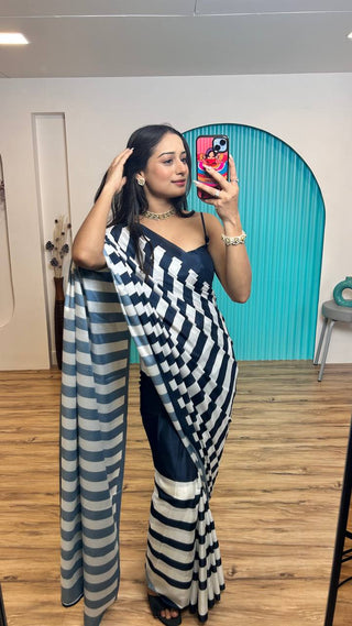 Black & White Elegant Satin Crepe Silk Digital Print Ready-to-Wear Saree ClothsVilla