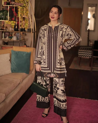 Black & White Stylish Pure Natural Crepe Digital Print Co-Ord Set Top & Plazzo Fully Stitched ClothsVilla