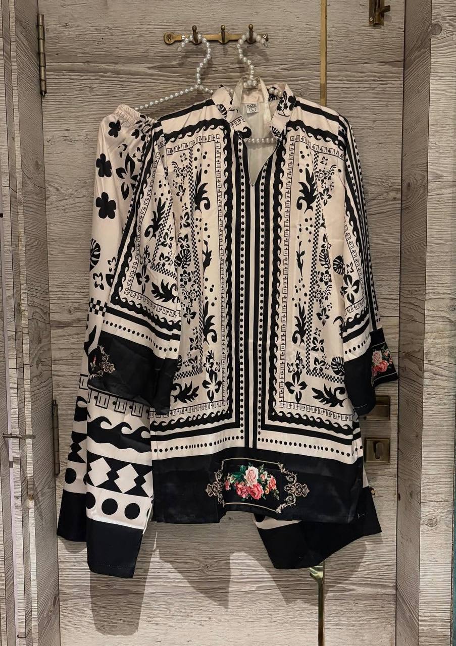 Black & White Stylish Pure Natural Crepe Digital Print Co-Ord Set Top & Plazzo Fully Stitched ClothsVilla
