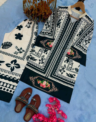 Black & White Stylish Pure Natural Crepe Digital Print Co-Ord Set Top & Plazzo Fully Stitched ClothsVilla