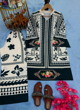 Black & White Stylish Pure Natural Crepe Digital Print Co-Ord Set Top & Plazzo Fully Stitched ClothsVilla