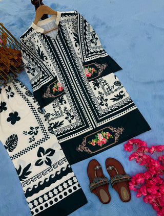 Black & White Stylish Pure Natural Crepe Digital Print Co-Ord Set Top & Plazzo Fully Stitched ClothsVilla